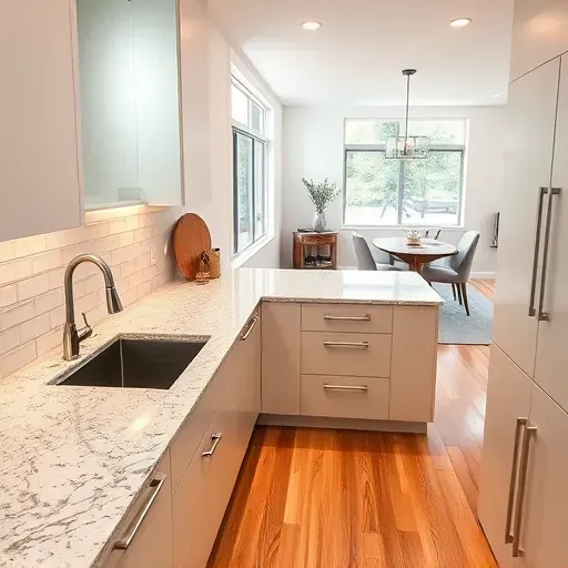 Beautiful renovated kitchen on Foothill Boulevard UT with sleek matte cabinets, granite countertops, subway tile backsplash, hardwood floors, and large windows illuminating the space