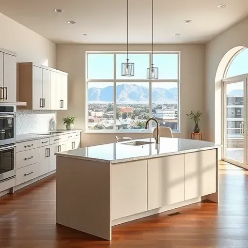 Finished modern kitchen with matte cabinetry, quartz counter, geometric backsplash, island with pendant lights, and city views
