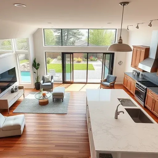 Stunning renovated Farmington home interior with open living room, modern kitchen, hardwood floors, and lush backyard views.