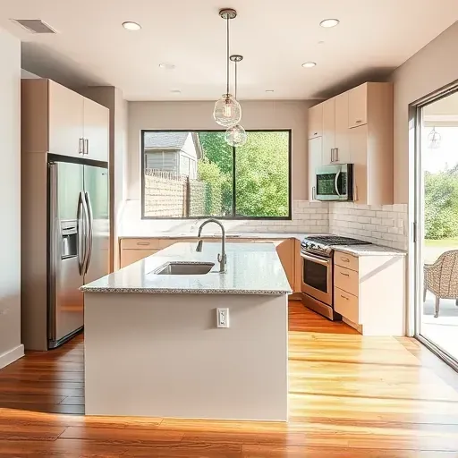 Remodeled Riverton UT kitchen with sleek matte cabinets, granite countertops, stainless steel appliances, hardwood floors, and large windows