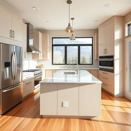 Modern kitchen remodel in Wasatch Hollow UT with sleek neutral cabinets granite countertops stainless steel appliances and hardwood floors