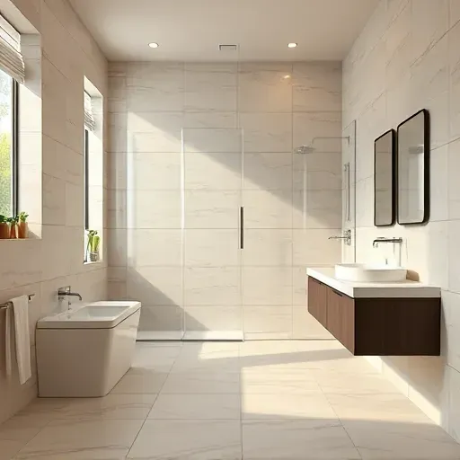 Finished bathroom tile installation in Herriman Utah with glossy ceramic tiles, glass shower, sleek vanity, and natural light