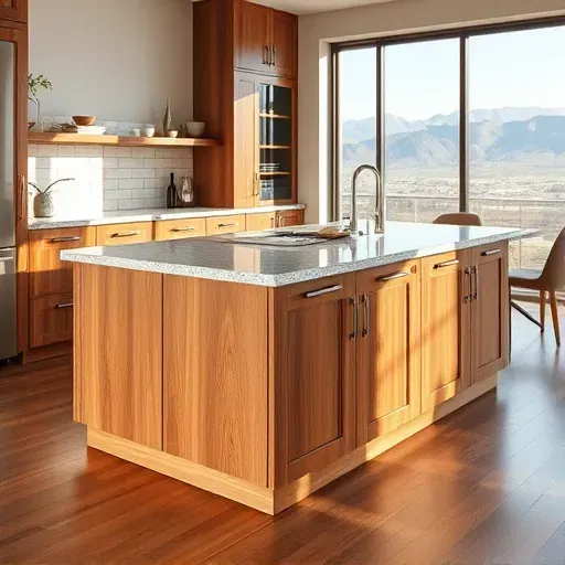 Elegant modern kitchen with custom wood island, granite countertops, sleek cabinetry, natural light, and scenic Herriman UT view