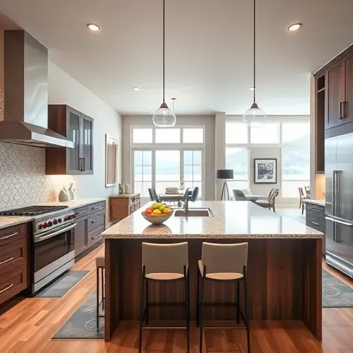 Modern kitchen remodel in East Bench UT featuring granite countertops, stainless steel appliances, and rich walnut cabinetry.
