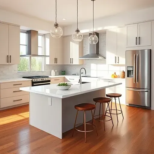 Modern North Salt Lake kitchen with sleek cabinetry, stainless steel appliances, marble island, and natural light.