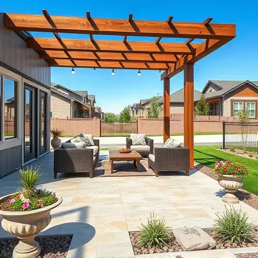 Beautiful Herriman Utah porch and patio with stamped concrete, wooden pergola, outdoor sofa set, lush greenery, and landscaped gardens