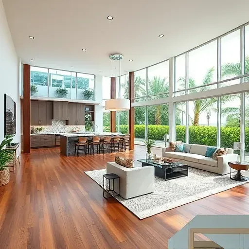 Modern open-concept living room in Jupiter, FL, featuring elegant furnishings, hardwood floors, and serene tropical views.