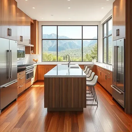 Newly renovated Emigration Canyon kitchen with sleek modern cabinetry, granite island, stainless appliances, hardwood floors, and mountain views