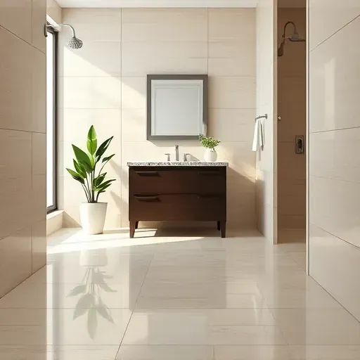 Flawless bathroom tile installation with neutral ceramic tiles, modern vanity, granite countertop, and natural lighting.