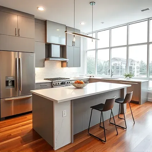 Modern Millcreek kitchen with sleek cabinetry, granite countertops, stainless steel appliances, island, and hardwood floors.