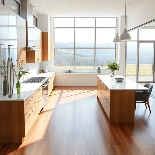 Modern kitchen in Harvard-Yale Utah with sleek cabinets quartz countertops stainless steel appliances hardwood floors and outdoor view