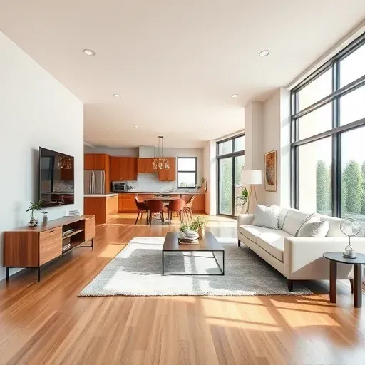 Beautiful renovated living room with hardwood floors, sleek cabinetry, large windows, modern furniture, and stylish décor.