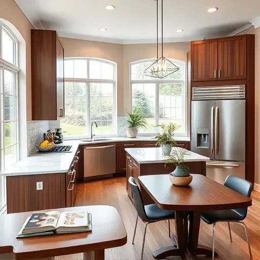 Renovated kitchen in Upper Avenues UT with walnut cabinetry marble island and natural light from energy-efficient windows