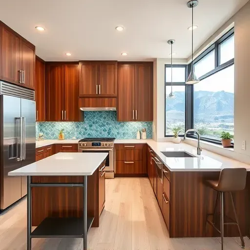 Modern kitchen remodel in Draper UT features walnut cabinetry, quartz countertops, stainless steel appliances, and mountain views.