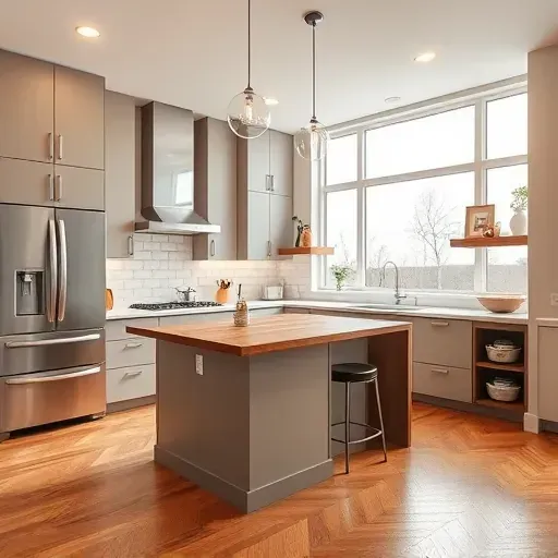 Recently remodeled modern kitchen in Draper UT with matte cabinets stainless steel appliances quartz countertops island pendant lights subway tile backsplash hardwood floors and large windows