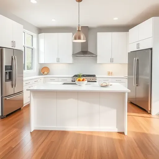 Renovated Herriman, UT kitchen featuring white matte cabinets, stainless steel appliances, quartz island, and hardwood floors.