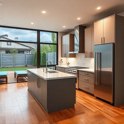 Remodeled Saratoga Springs kitchen with matte cabinetry stainless appliances quartz countertops hardwood floors outdoor views