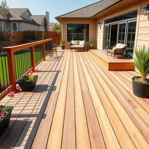 Finished wooden deck in Herriman Utah with polished railings, lush yard, modern home, bright natural lighting and decorative touches