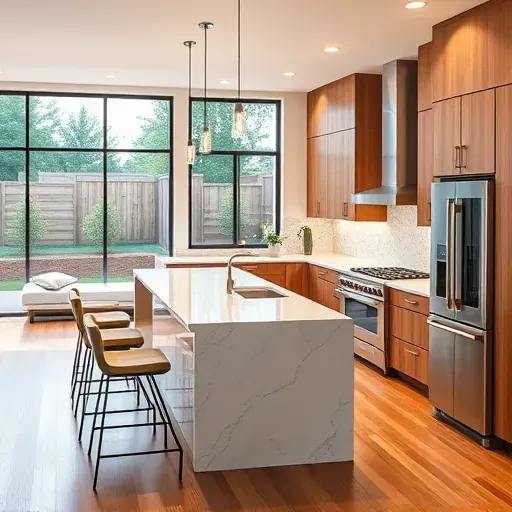 Renovated Capitol Hill kitchen with quartz countertops, stainless steel appliances, custom wood cabinets, warm lighting, and large windows