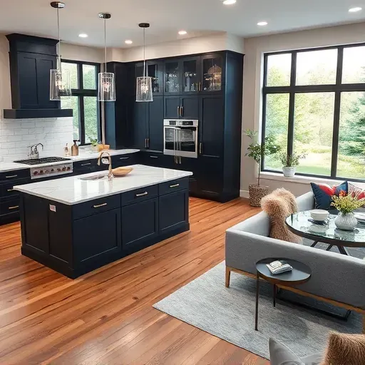 Modern West Jordan kitchen and living space with navy cabinetry, marble island, and stylish decor in serene atmosphere.