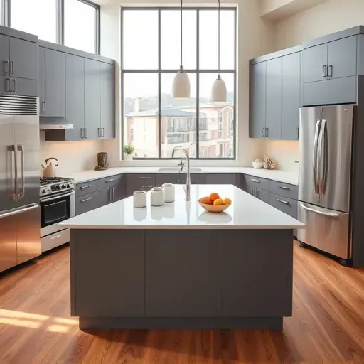 Remodeled Bluffdale kitchen with matte cabinets, stainless steel appliances, quartz island, and Utah landscape view.