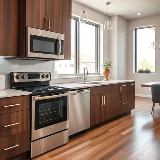 Recently installed stainless steel oven, microwave, dishwasher in modern Herriman kitchen with granite countertops and stylish decor