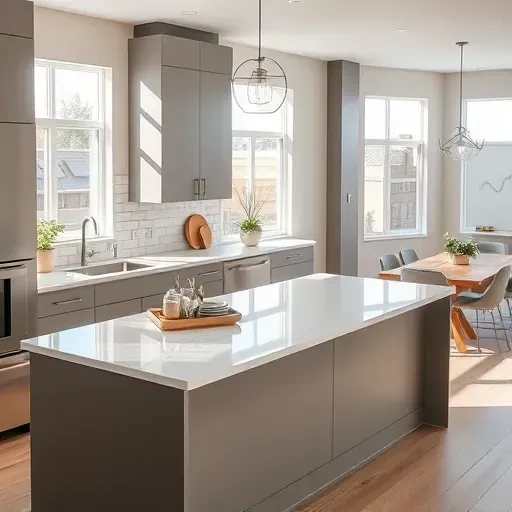 Modern renovated kitchen with sleek handle-less cabinets, granite island, stainless appliances, natural light, and warm wood flooring.