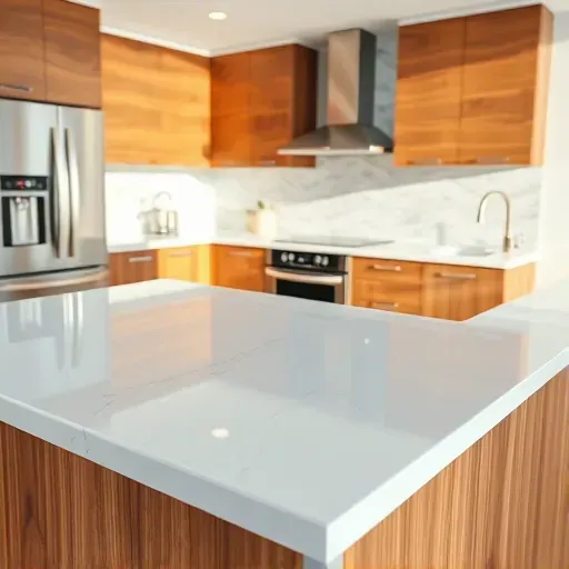 Perfectly installed quartz kitchen countertop in Herriman UT with sleek surfaces, custom wood cabinetry, stainless steel appliances, and modern design