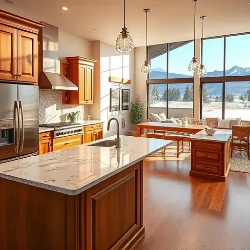 Remodeled Alpine Utah kitchen with granite countertops stainless steel appliances wooden cabinets island hardwood floors mountain views