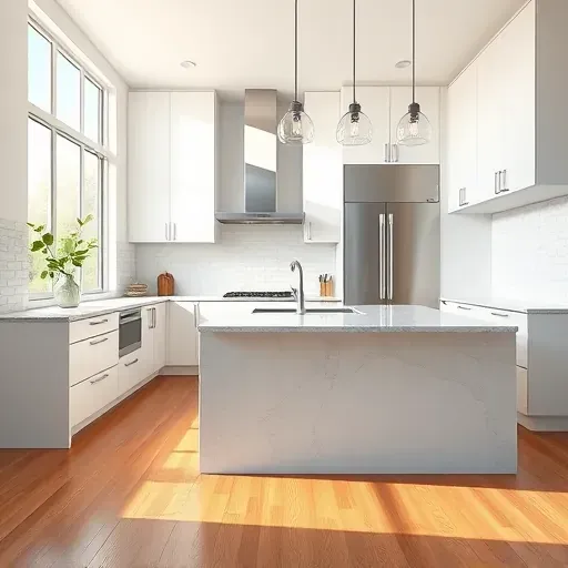 Remodeled Sandy UT kitchen with quartz countertops, matte cabinets, stainless appliances, central island, subway tile backsplash, hardwood floors, and natural light