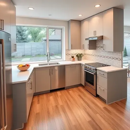 Modern high-end kitchen in Harvard-Yale Utah with sleek matte cabinets stainless steel appliances quartz countertops hardwood floors bright natural light greenery view
