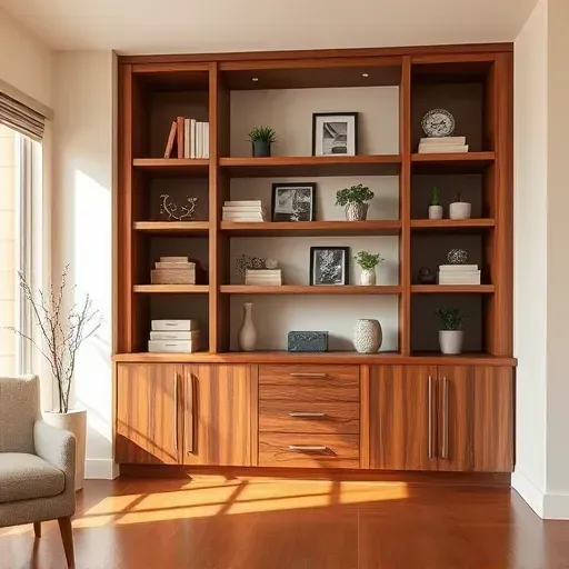 Built-in wooden shelving with decor and books in a modern, bright Herriman Utah home interior showcasing craftsmanship