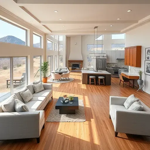 East Bench, UT home remodel showing modern rustic living and kitchen with large windows, hardwood floors, and scenic views.