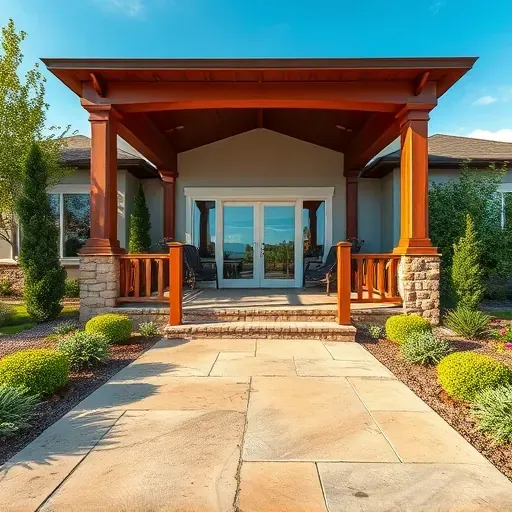 Beautiful Herriman Utah porch and patio with stone paving, wooden porch, lush landscaping, modern home, and inviting outdoor space