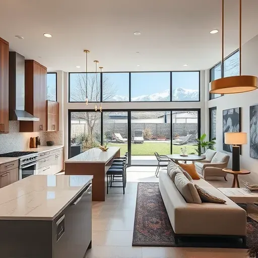 Completed Salt Lake City home remodel with modern interior, sleek furnishings, large windows, scenic mountain views.