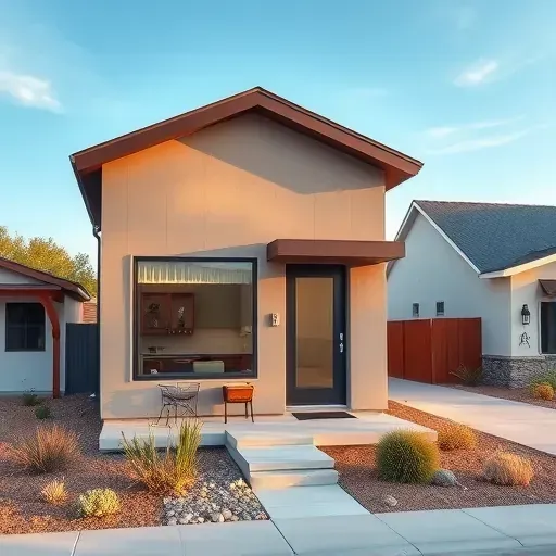 Newly built modern Accessory Dwelling Unit in Herriman, UT with large energy-efficient windows, welcoming porch, and desert landscaping.