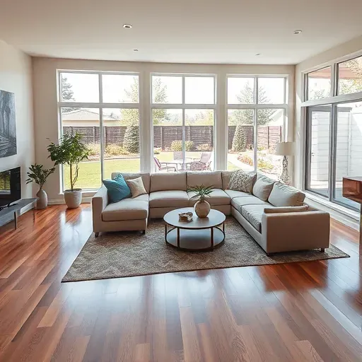 Modern living room in Canyon Rim UT with panoramic windows, stylish sectional, hardwood floor, and serene backyard view.