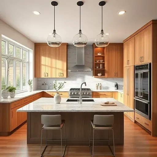 Modern Canyon Rim kitchen with sleek matte cabinets, stainless steel appliances, marble island, hardwood floors, and scenic windows.