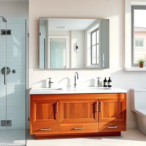 Sleek wooden bathroom vanity with marble top, modern fixtures, frameless mirror, contemporary shower, and elegant decor in upscale bathroom