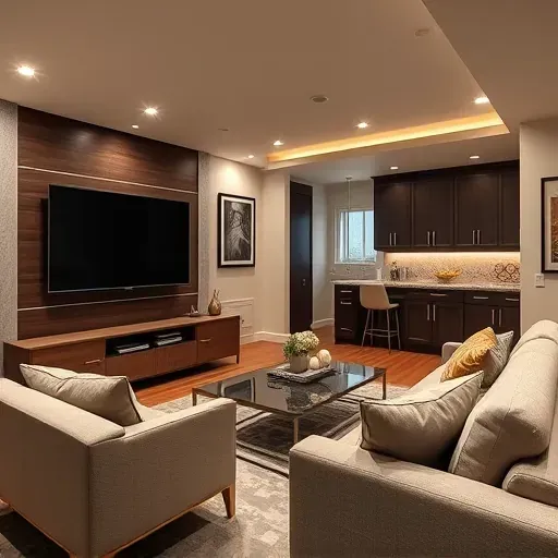 Modern basement renovation in Herriman, UT with sleek furniture, plush seating, stylish decor, and a contemporary entertainment area.