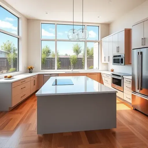Freshly remodeled kitchen in Herriman UT with modern cabinetry, quartz countertops, and spacious layout featuring a central island.
