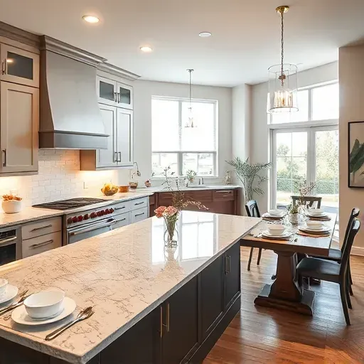 Completed kitchen remodel in Draper, UT showcasing modern cabinetry, granite island, and elegant dining area in warm tones.