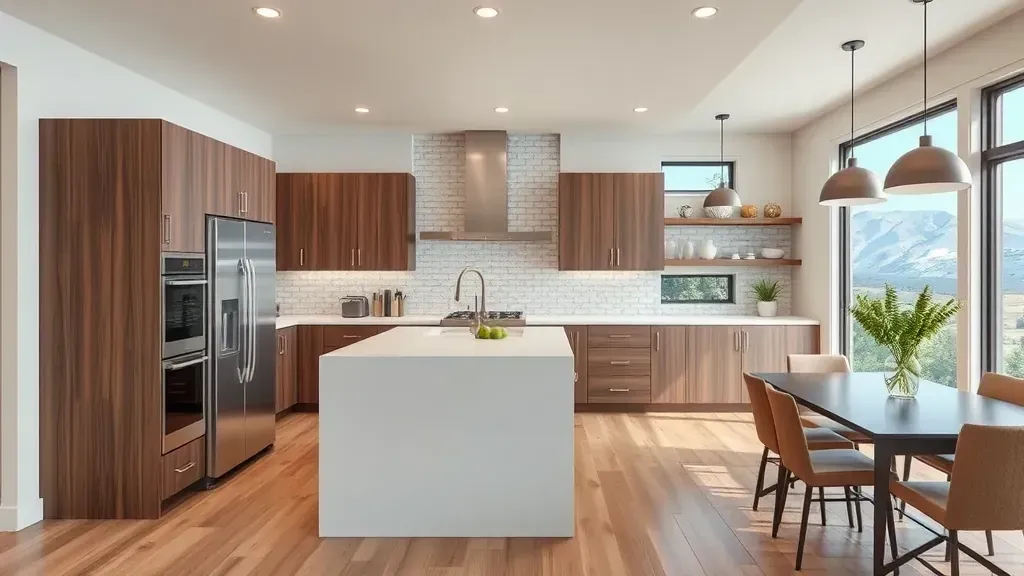 Remodeled Jeremy Ranch kitchen with modern cabinetry, granite counters, stainless appliances, mountain view, hardwood floors.