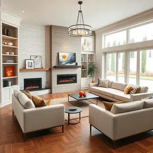 Modern living room in Daybreak UT showcases minimalist furniture, elegant fireplace, and lush landscaped backyard.