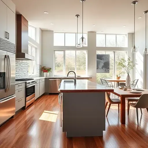 Beautiful renovated Utah kitchen with sleek design, granite countertops, stainless steel appliances, custom matte cabinetry, and warm reclaimed hardwood floors