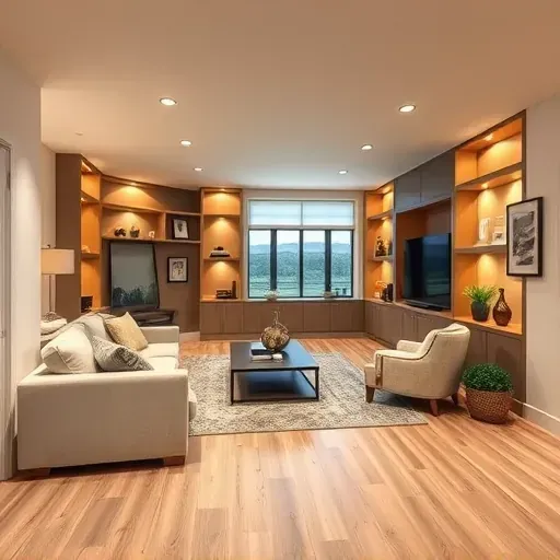 Beautiful finished basement in Herriman UT featuring modern decor, plush seating, built-in shelves, large windows, hardwood floors, and a smart TV setup