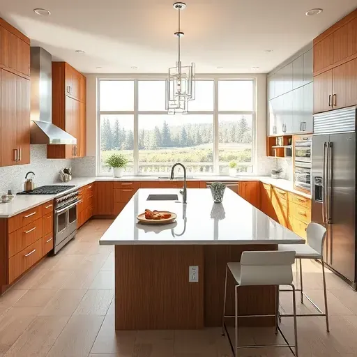 Remodeled kitchen in Kaysville UT features modern design with quartz countertops, stainless steel appliances, and wood cabinetry.