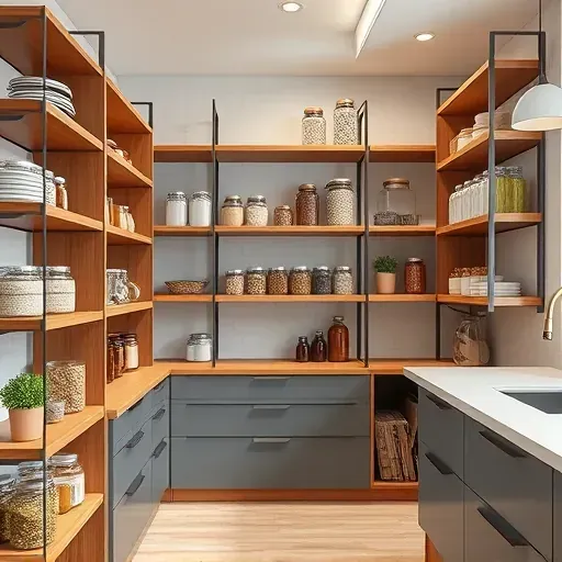 Modern Herriman UT pantry with sleek wooden and metal shelves, labeled containers, glass jars, herbs, and stylish decor