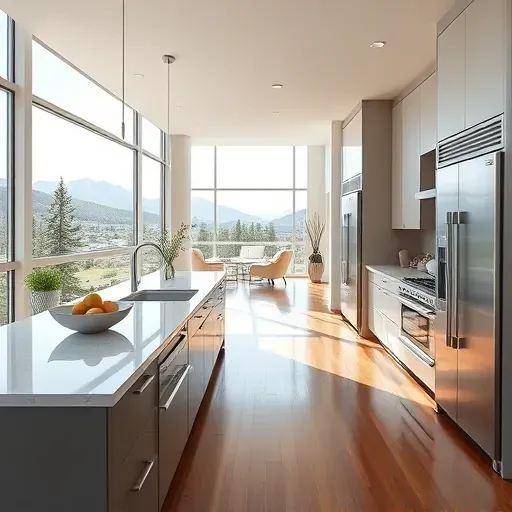 Luxury kitchen in Olympus Cove UT featuring marble island, stainless steel appliances, and mountain views through large windows.