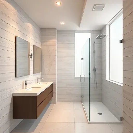 Modern bathroom in Herriman UT with sleek fixtures, textured subway tiles, frosted glass shower, and warm ambient lighting